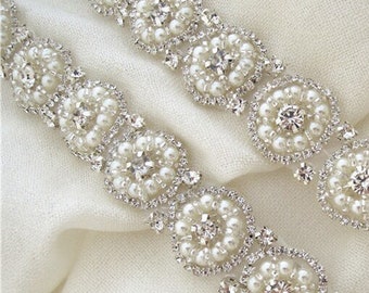 Crystal Art Deco Style Beaded Bridal Rhinestone Applique by the Yard Iron on