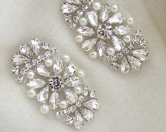 Crystal Pearl Bridal Rhinestone Applique Sew on or Iron on