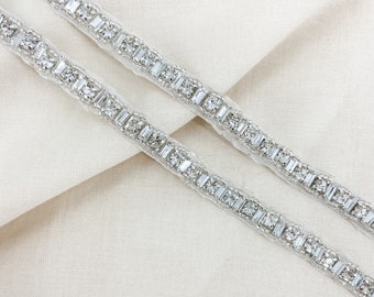 Pre Order Dainty Art Deco Style Crystal Rhinestone Beaded Bridal Applique by the Yard Iron on or Sew on