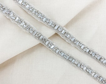 Dainty Art Deco Style Crystal Rhinestone Beaded Bridal Applique by the Yard Iron on or Sew on