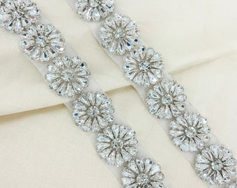 Crystal Floral Bridal Rhinestone Appliqué Trim by the Yard Iron on or Sew On