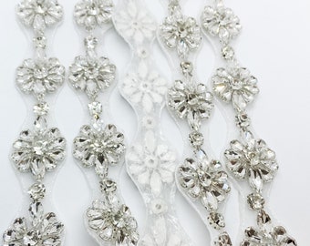 Crystal Floral Bridal Rhinestone Appliqué Trim by the Yard Iron on or Sew On