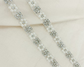 Floral Rhinestone Bridal Applique: Art Deco Crystal Pearl Trim