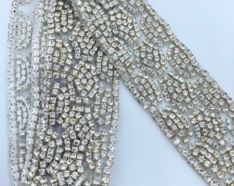 Crystal Art Deco Style Rhinestone Beaded Bridal Applique by the Yard Iron on or Sew on Closeout