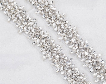 Crystal Rhinestone Beaded Trim by the Yard - Bridal Iron On or Sew On Applique, Sparkly Floral Beaded Lace for Wedding Dress, Veil, Sash