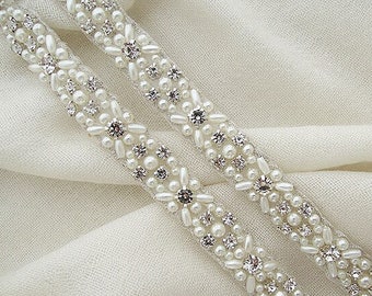 Crystal Art Deco Style Beaded Bridal Rhinestone Applique by the Yard Iron on
