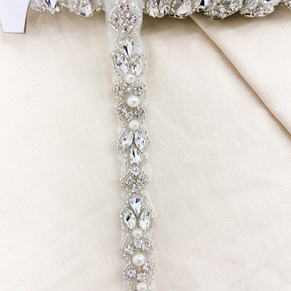 Dainty Crystal Pearl Bridal Rhinestone Applique by the Yard Iron on