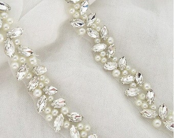 Dainty Crystal Pearl Bridal Rhinestone Applique by the Yard Iron on