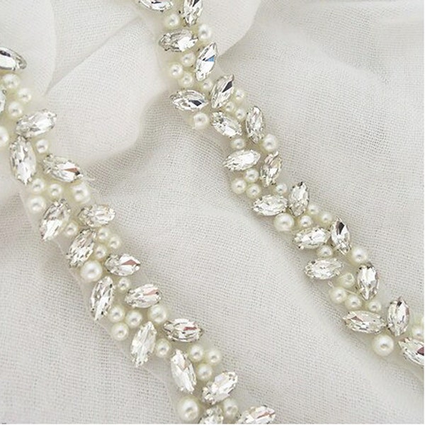 Dainty Crystal Pearl Bridal Rhinestone Applique by the Yard Iron on