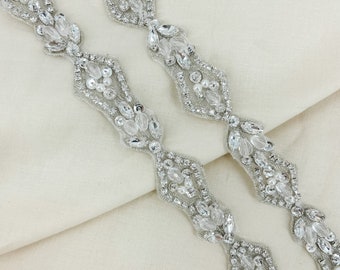 Crystal Art Deco Rhinestone Beaded Bridal Applique Trim by the Yard Iron on or Sew on