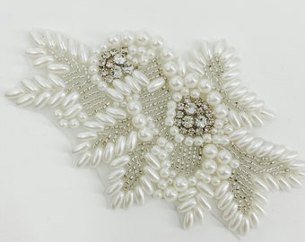 Crystal floral Leaf Bridal Rhinestone Pearl Applique Sew on or Iron on