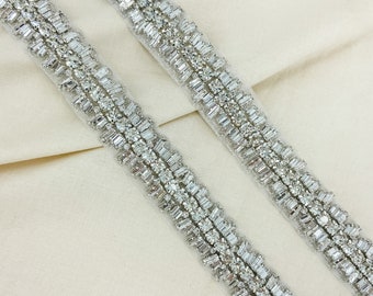 Crystal Art Deco Rhinestone Beaded Bridal Applique by the Yard Iron on or Sew on