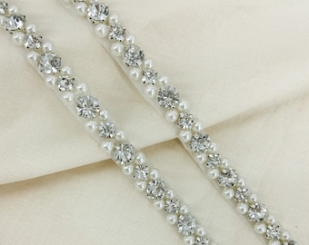 Dainty Art Deco Style Crystal Rhinestone Beaded Bridal Applique by the Yard Iron on or Sew on