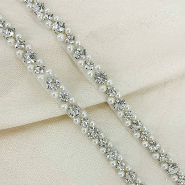 Dainty Art Deco Style Crystal Rhinestone Beaded Bridal Applique by the Yard Iron on or Sew on