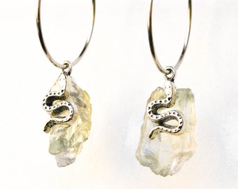 Raw green amethyst crystal hoop earrings, raw amethyst earrings, snake earrings, crystal earrings, prasiolite earrings | Gift wrapped