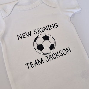 Football Baby Grows-Funny Baby Grow-Personalised-New Signing Team Any Name-Unisex Football Baby Grow-Baby Boy-Baby Girl
