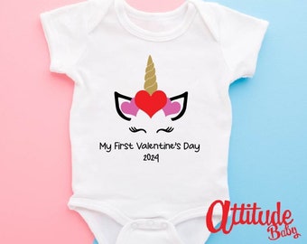 My First Valentines Day Unicorn Horn Baby Vest - Valentine&#39;s Day 2024 - Custom Baby Grow - Love Baby Bodysuit