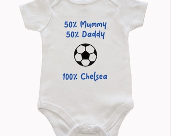 50% Mummy 50 Daddy 100 Chelsea Baby Vest - Baby grow Football Clothing - Love Chelsea Custom Printed Baby - MDC01
