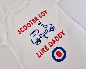 Mod Baby Grow-Stampato Baby Grow-Scooter Boy Like Daddy-Funny Baby Grows-Mod Baby Clothes-Ska-Mod-Punk-Mod Baby Grows-SBLD01