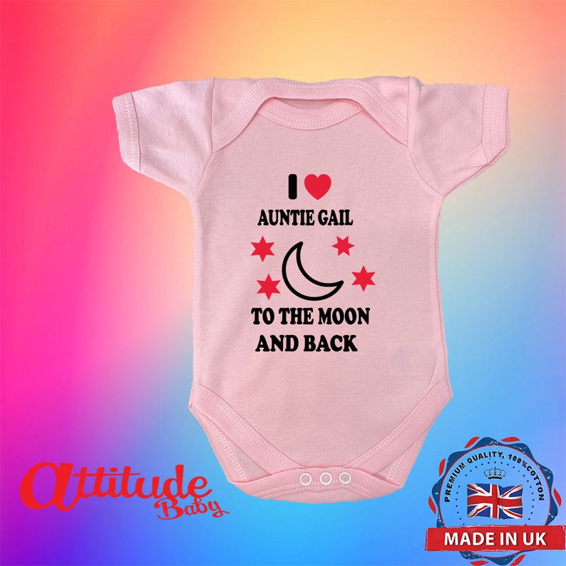 Personalised Baby Grow-I Love Auntie Any Name To The Moon And Back-Cotton Baby Grow-Novelty Baby Grows-Xmas Baby Gift-Baby Shower Gift