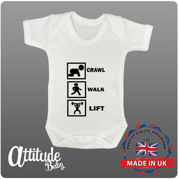 Weightlifter Baby Grows-Printed-Crawl Walk Lift-In Boxes-Funny Baby Grows-Baby Grows-Premature Baby Clothes-Newborn Baby