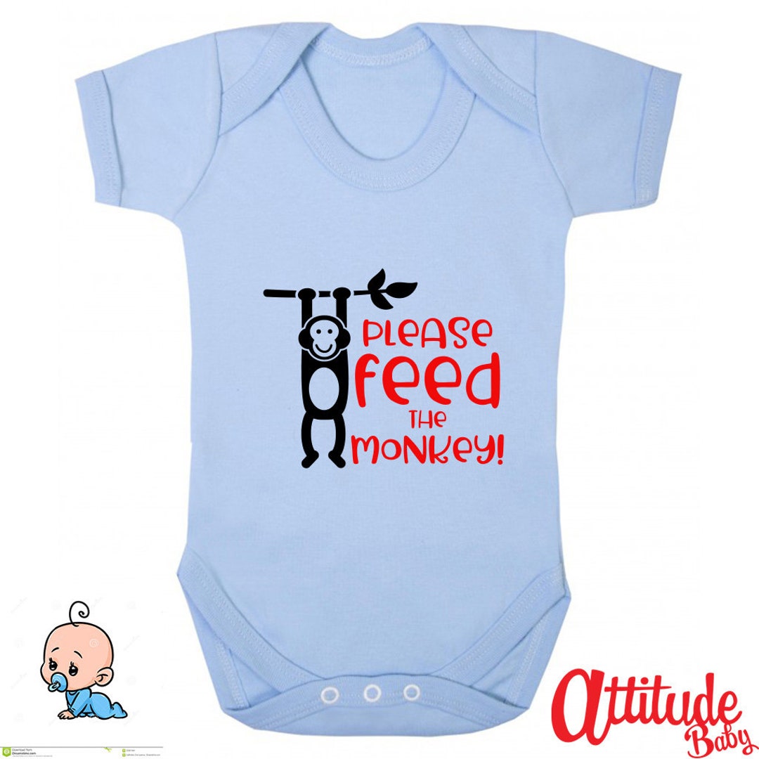 Plain Baby Grows printed feed the Monkey novelty Baby Grows funny