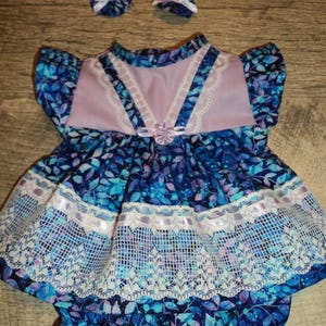 4 Pc - 16" Cabbage Patch Outfit - Vivid Royal Blue and  Lilac Leaf Pattern Dress - Free Shipping!