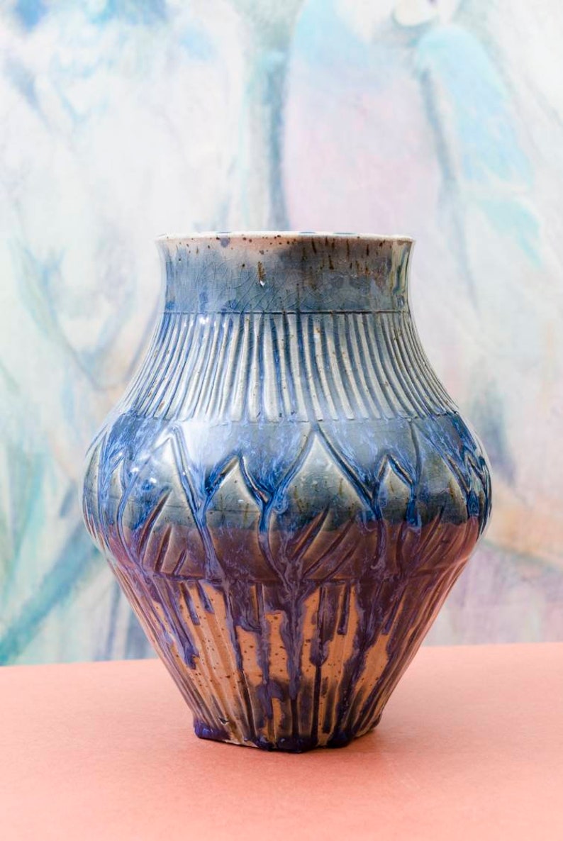 Tall Carved Blue Vase