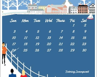 May include: A January calendar page featuring a blue background with a white fence, a coastal town illustration, and a sailboat. The calendar includes the text 'January' and 'Entering Swampscott', with figures of people walking and a seagull.