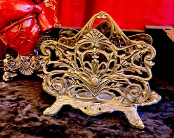 Vintage Ornate Antiqued Gold Decorative Metal Letter Holder Napkin Holder   ** Hollywood Regency Victorian Art Nouveau **