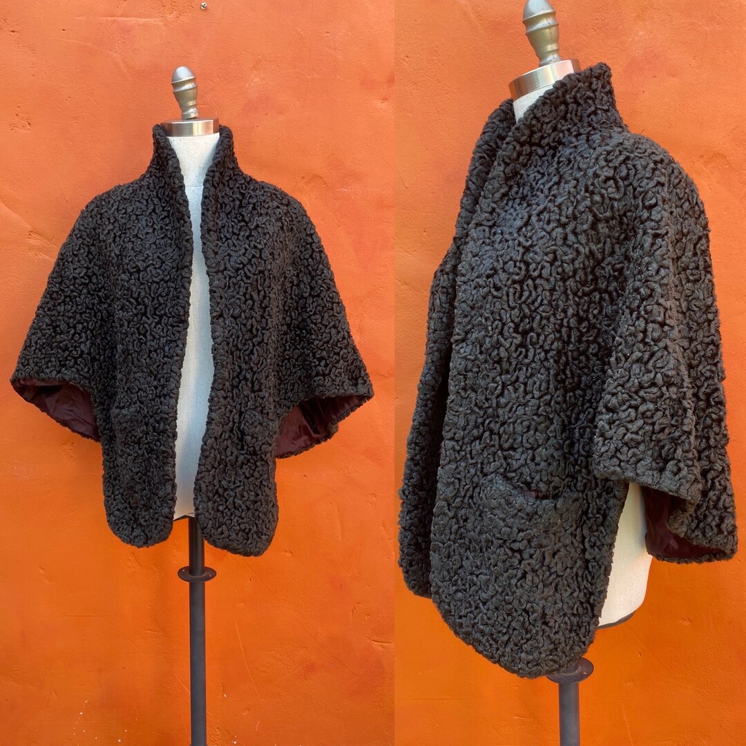 Vintage 1940s 1950s Black Curly Persian Lambswool Shawl Cape Wrap. Stole Capelet Shrug Cocktail