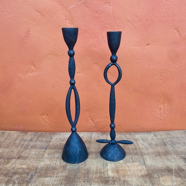 Pair of Vintage black iron brutalist Candlesticks. Mid century style MCM Brutalist candle holders Brutalist candlestick holder