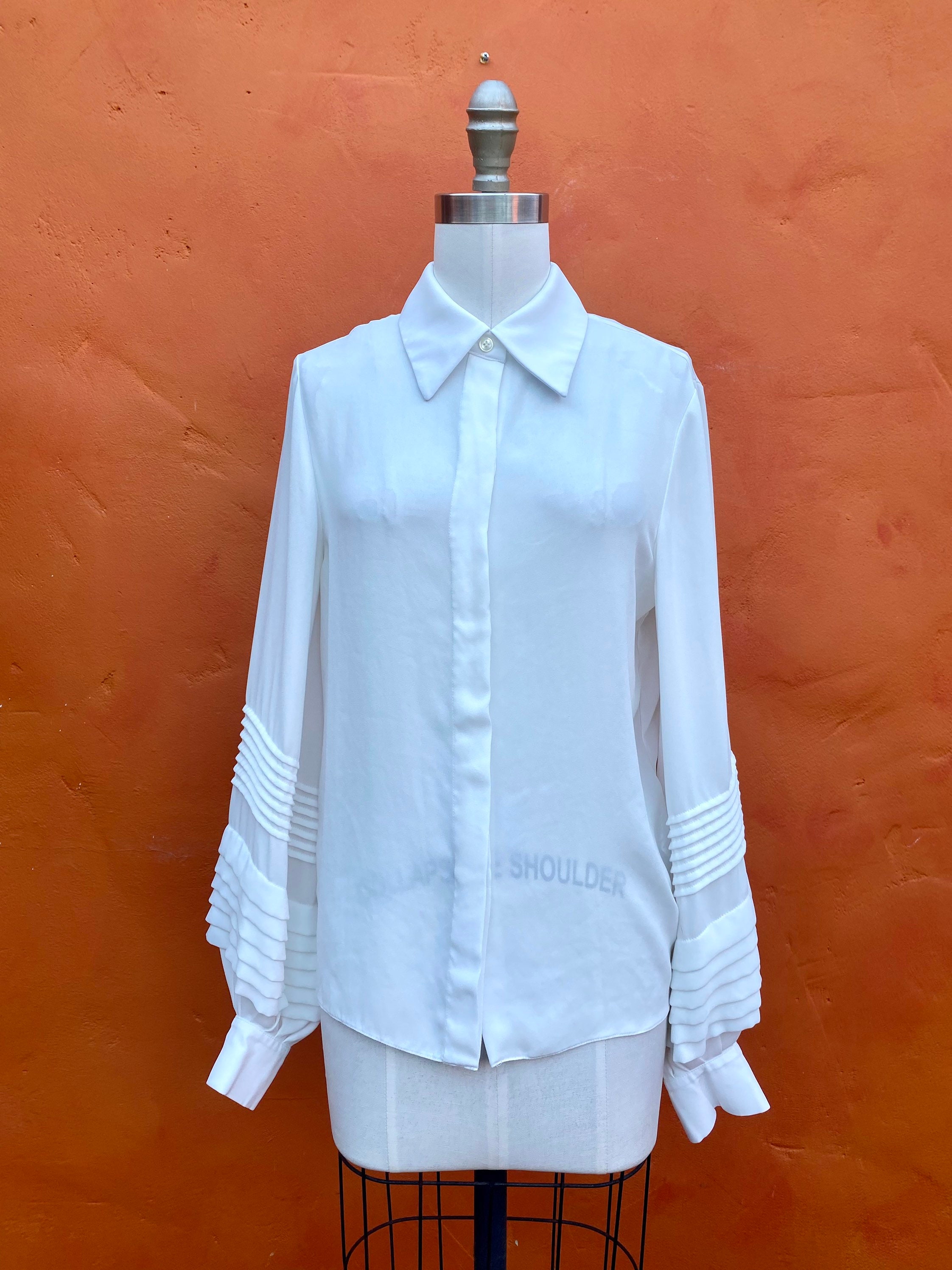 White Pleated Bishop Sleeve Louis Vuitton Blouse Top Shirt. 