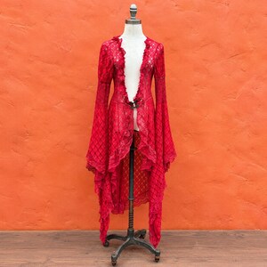 Vintage Y2K Red Lace Duster Coat * Piratecore Medievalcore Fairycore Boho Whimsigoth whimsical Cottagecore Ren Faire Fairy  Large XL