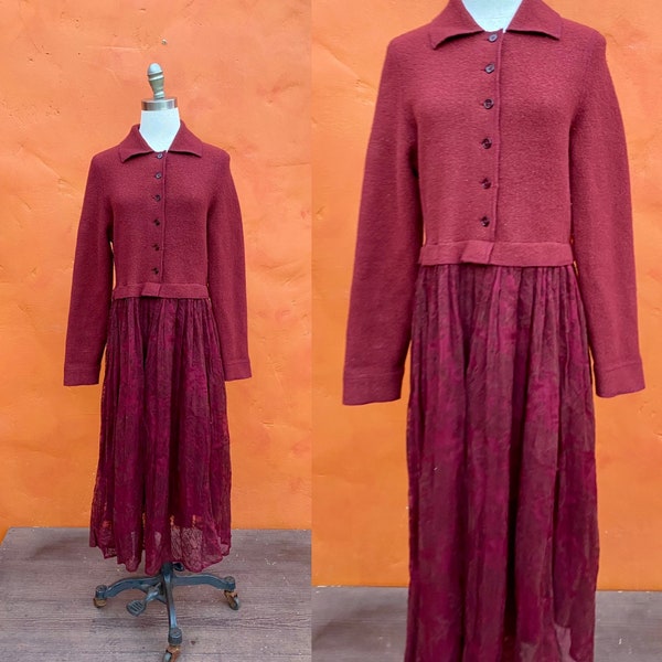 Vintage Burgunder Kleid - Mittelalter Witchy Dunkel Cottagecore Lagenlook Medium Large Size 30 10 12