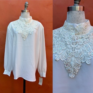 Vintage Deadstock NWT 1980s Ivory Lace Jabot Blouse Shirt * Victorian Glam rock New Romantics New Wave Cottagecore XL XXL plus size
