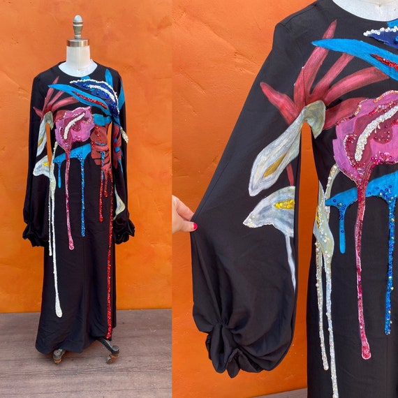 Vintage OOAK Hand painted Beaded Black Maxi Gown.… - image 1