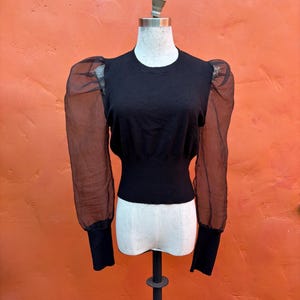 Vintage Black Knit Shweer Puffed Sleeves Blouse Shirt. Victorian Dark Boho Gothic Edwardian sleeves ** stretch small medium large