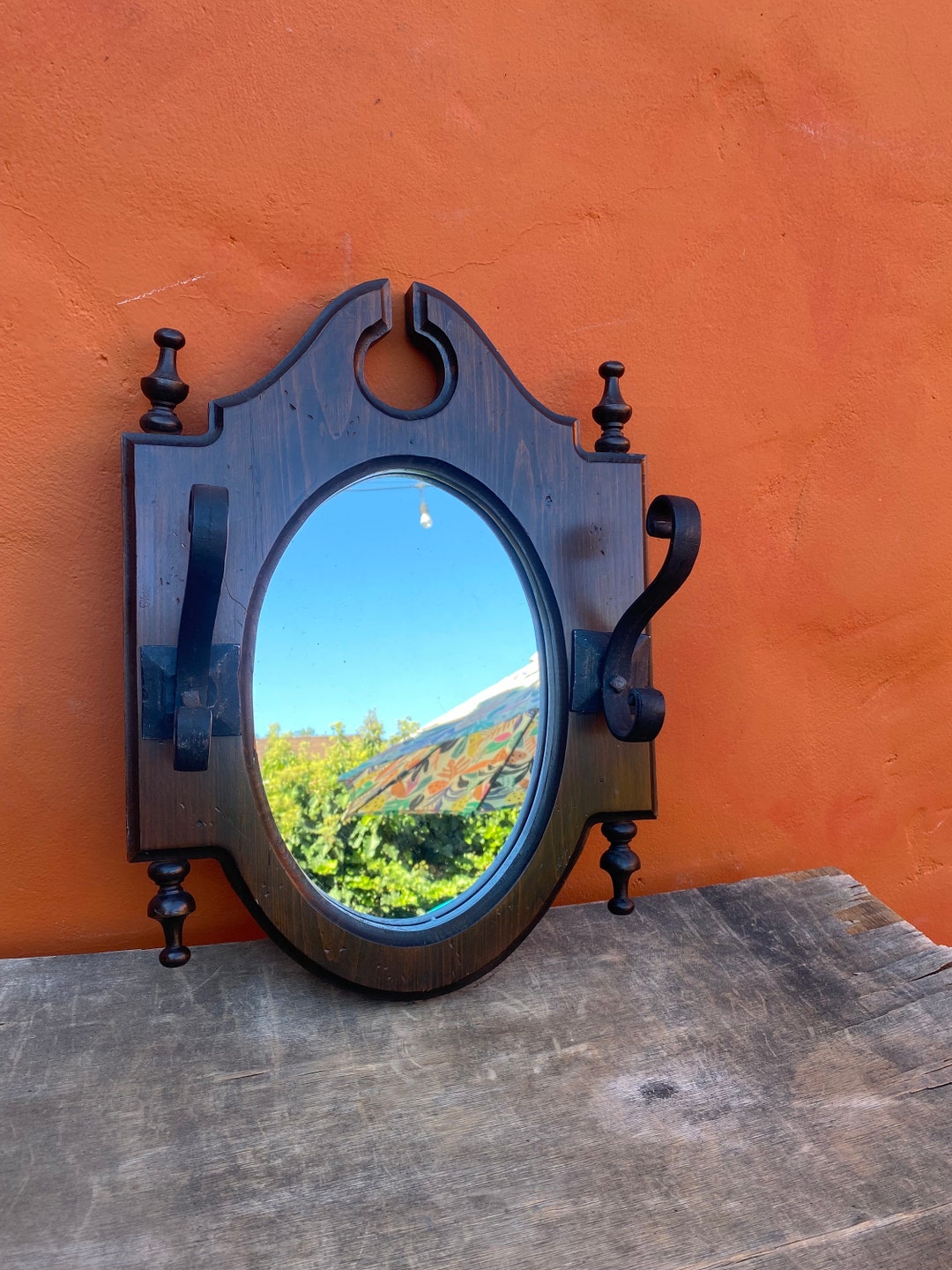 Vintage Dark Wood Wall Mirror With Hat Hooks Coat Rack Victorian Goth
