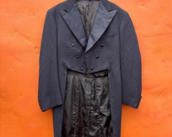 1910s French Antique Tailcoat: Black Wool Evening Tuxedo Jacket
