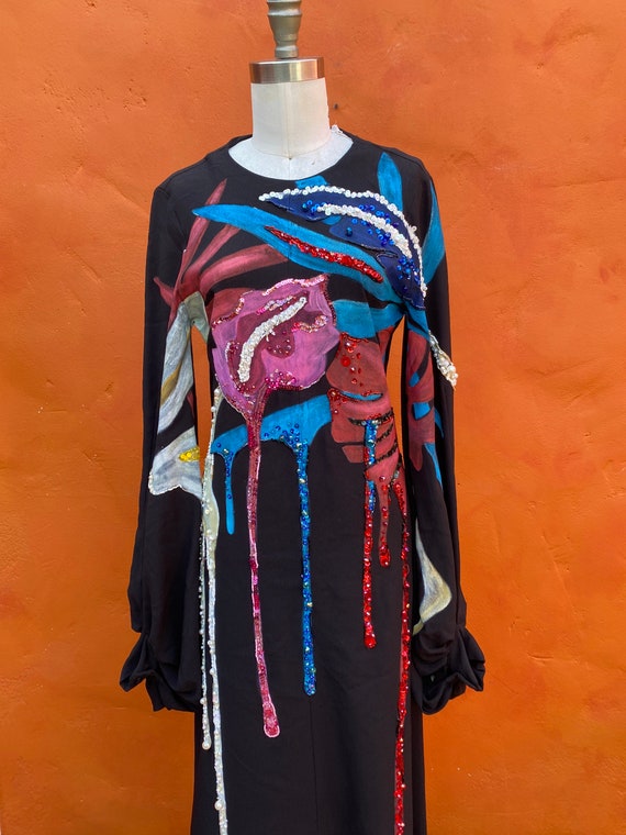Vintage OOAK Hand painted Beaded Black Maxi Gown.… - image 4