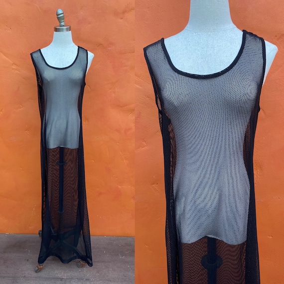 Vintage Y2K 1990s Black Sheer Netting Maxi Dress … - image 1
