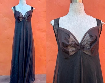 Vestido largo lencero negro vintage romántico oscuro de los años 70 * Lencería Peignoir Gótico Bruja Vampiro Morticia Addams Cattani Talla mediana grande 19 12