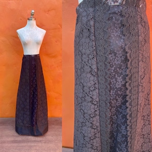 Vintage 1970s Black Lace Maxi Skirt  * Romantic Dark Fashion Victorian Gothic Whimsigoth Dark Boho Hippie Witchy  * Large Size 12 14