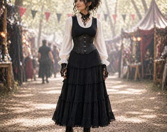 Può includere: Una donna con una gonna nera a balze, un corsetto e una camicetta bianca con guanti di pizzo e un girocollo. L'outfit ha un'estetica vittoriana o steampunk. Lo sfondo mostra un sentiero attraverso un mercato o un festival.