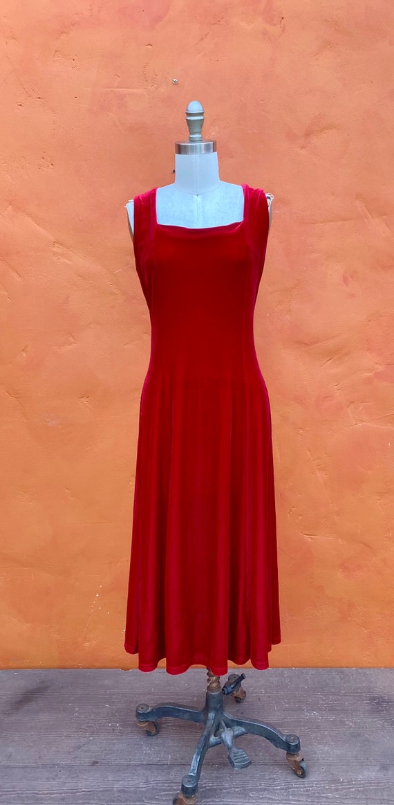 Vintage 1990s Red Velvet Hourglass Midi Dress - W… - image 5