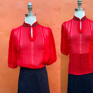 Vintage Sheer Red Pintuck Blouse Shirt Top. Pinup 1930s style 1940s style Jeweled collar + Puffed Sleeve Small Medium Size 6 8 10