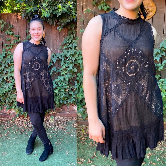 Vintage Belle Epoque Black Ruffle Cotton Lace Dres