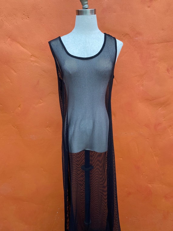Vintage Y2K 1990s Black Sheer Netting Maxi Dress … - image 3