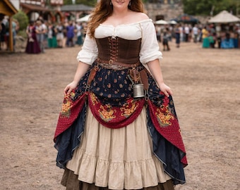 Vintage Rayon Floral Damask Navy Red Gold Skirt * Pirate skirt Ren Faire Piratecore Boho Medievalcore Larp costume. One size Plus XL XXL 2XL